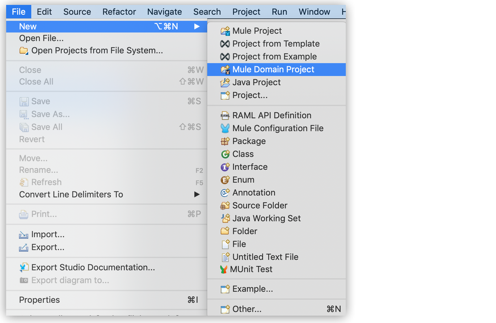 Mule プロジェクトおよびドメインを管理するメニューオプション