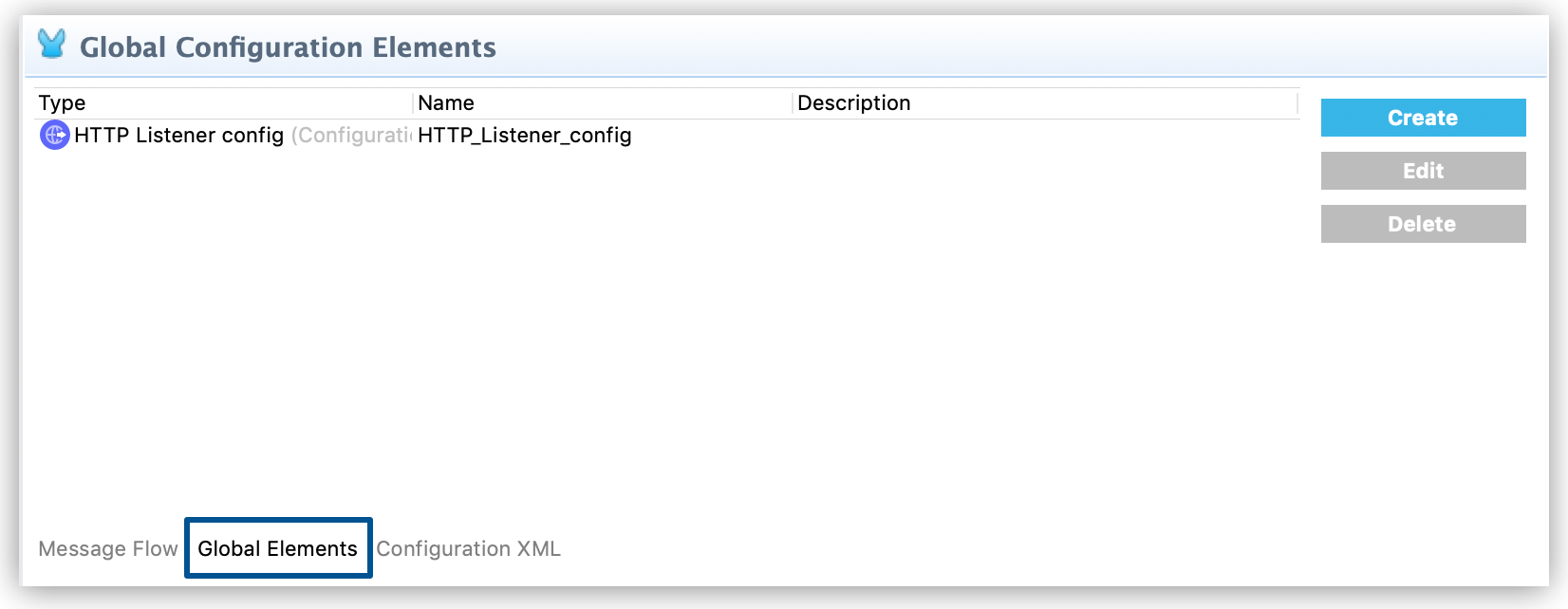 Mule のグローバル設定要素を作成および管理するメニュー