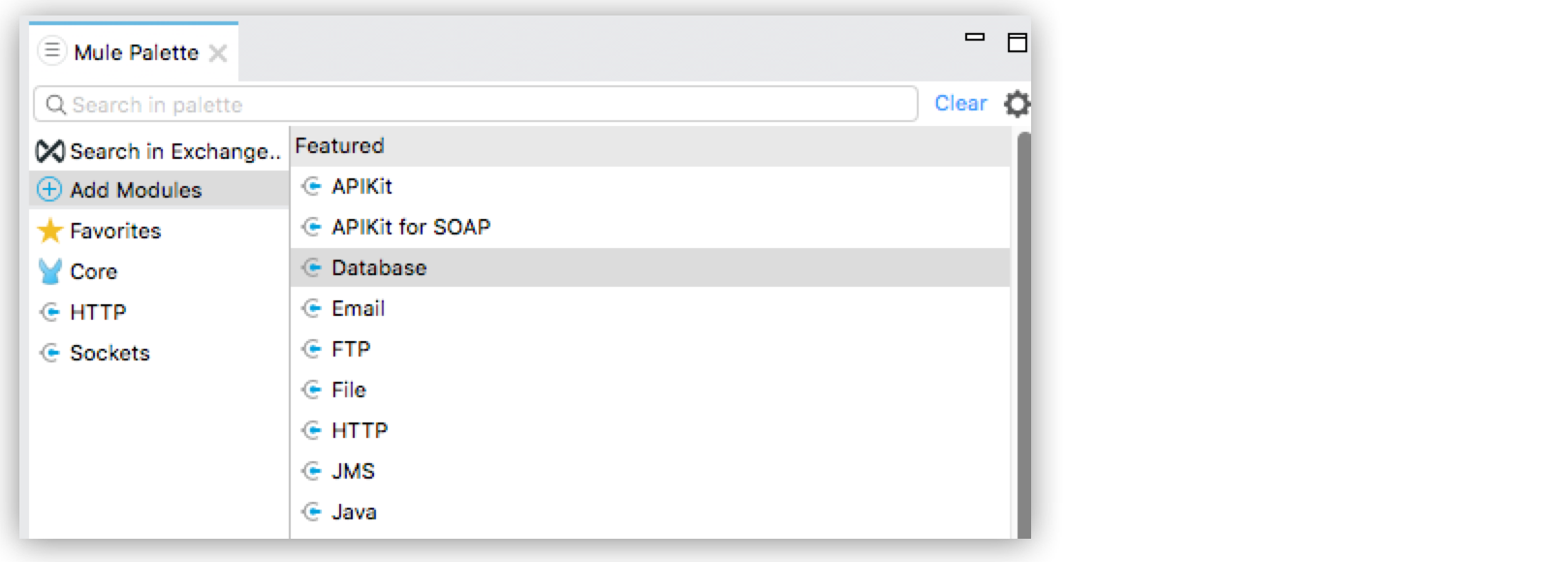 Database、HTTP、APIKit for SOAP などの使用可能なモジュールが表示されている Mule インターフェースのパレットメニュー