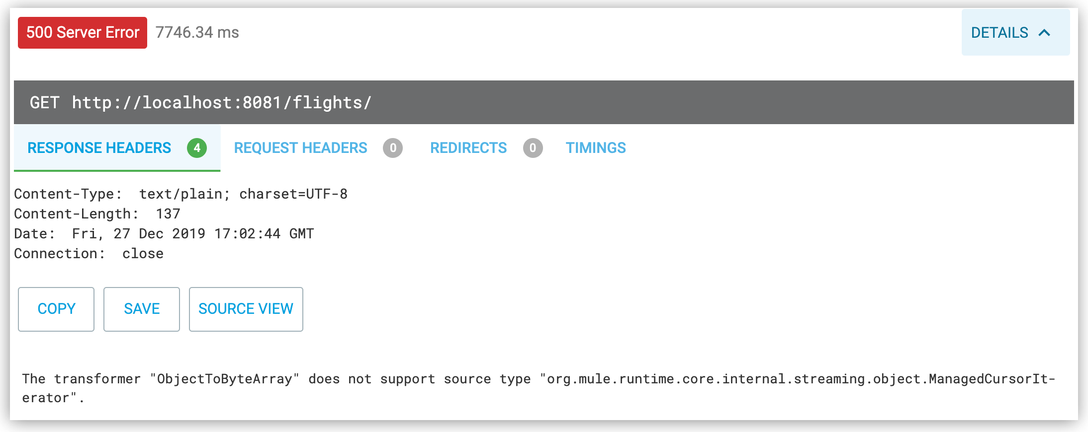 変換プロセスのサポートされていないソース種別に起因するサーバーエラーを示すエラーメッセージ