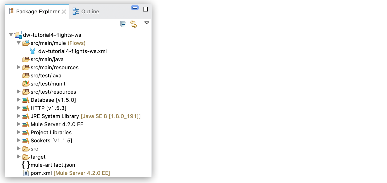 メイン、テスト、リソースのディレクトリが表示されている Mule プロジェクト