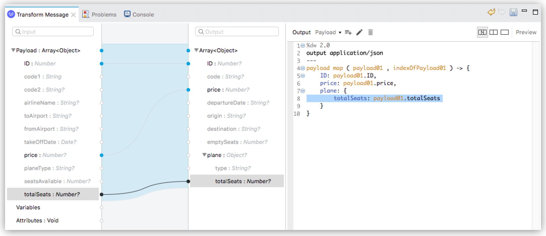 [ID] や [code (コード)] などの項目が含まれる JSON 形式への変換データが表示されている DataWeave エディター