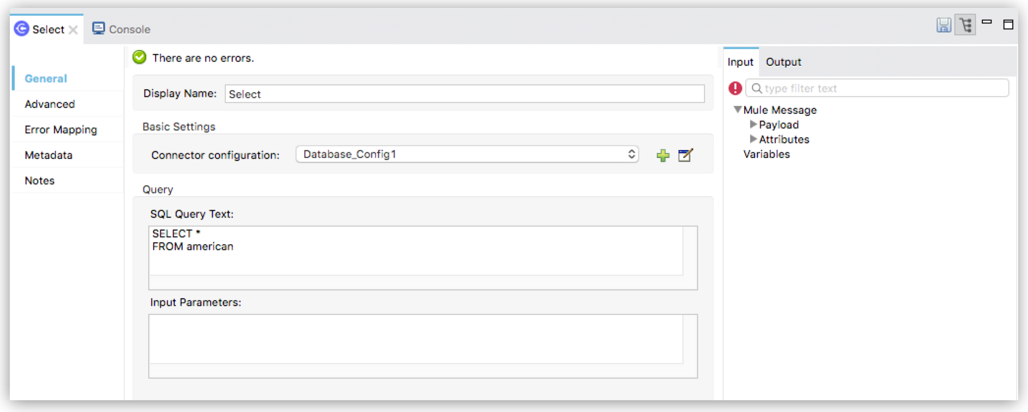 SQL テキストが表示されているデータベースクエリセットアップ
