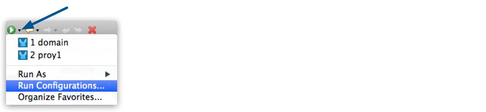 Mule プロジェクトを管理および実行するオプションが表示されている [Run configurations (設定の実行)] メニュー