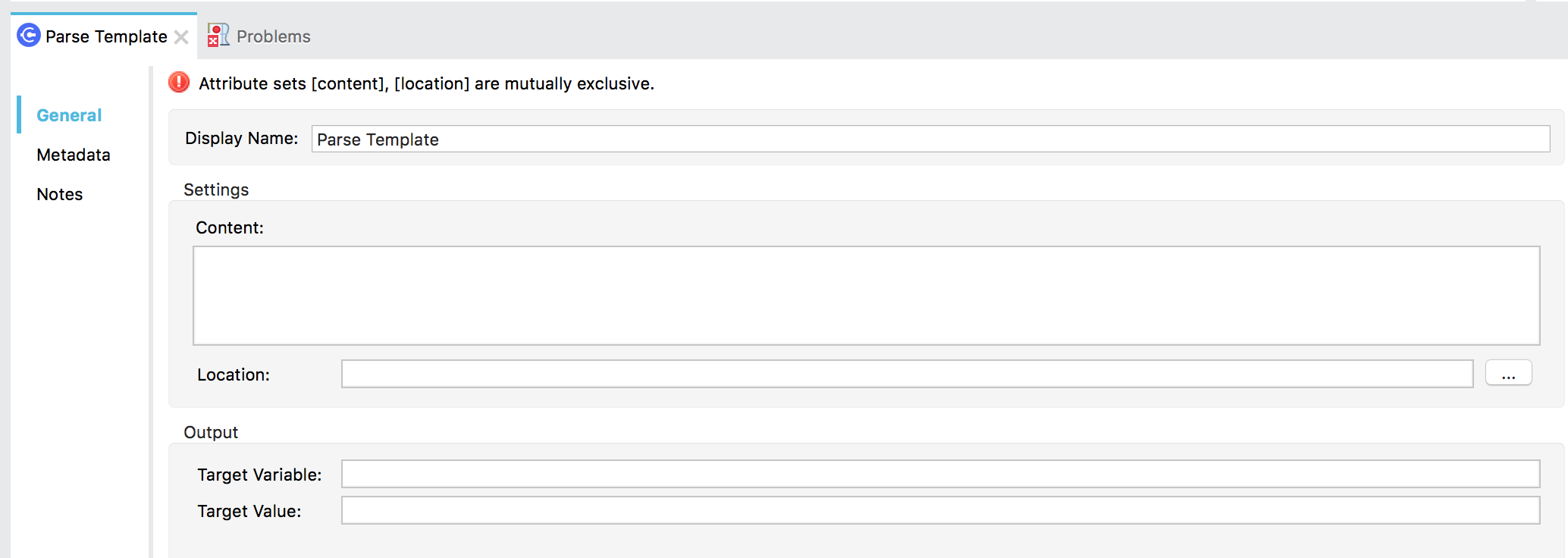 エラーメッセージが表示されている Parse Template
