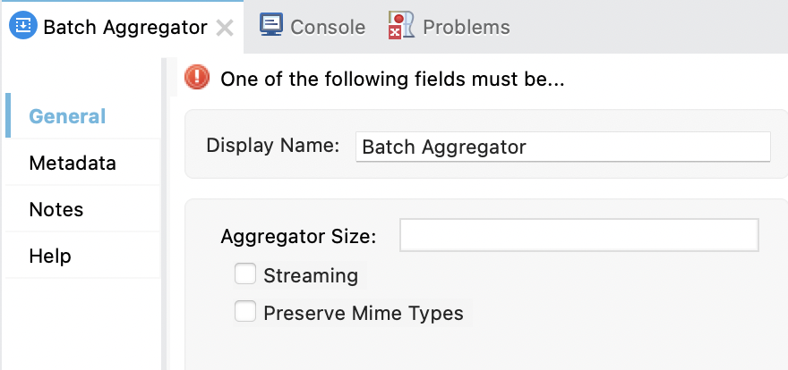Anypoint Studio の Batch Aggregator コンポーネントの項目