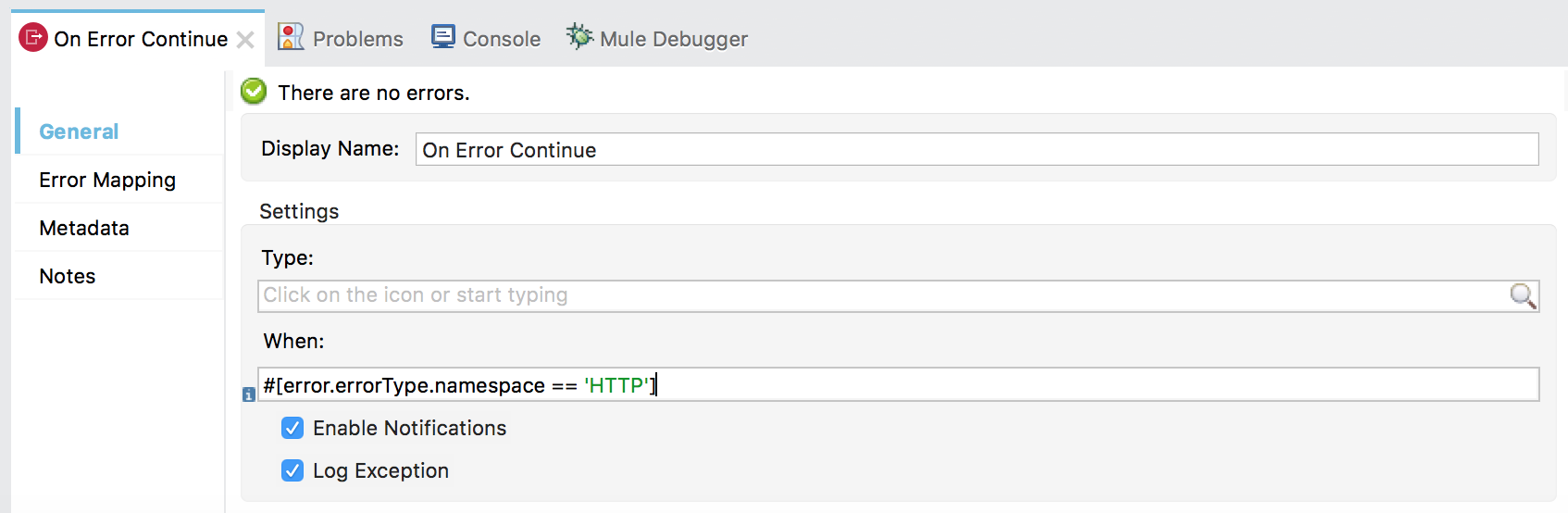 HTTP エラーを処理する式が表示されている On Error Continue の 「General (一般)」 項目