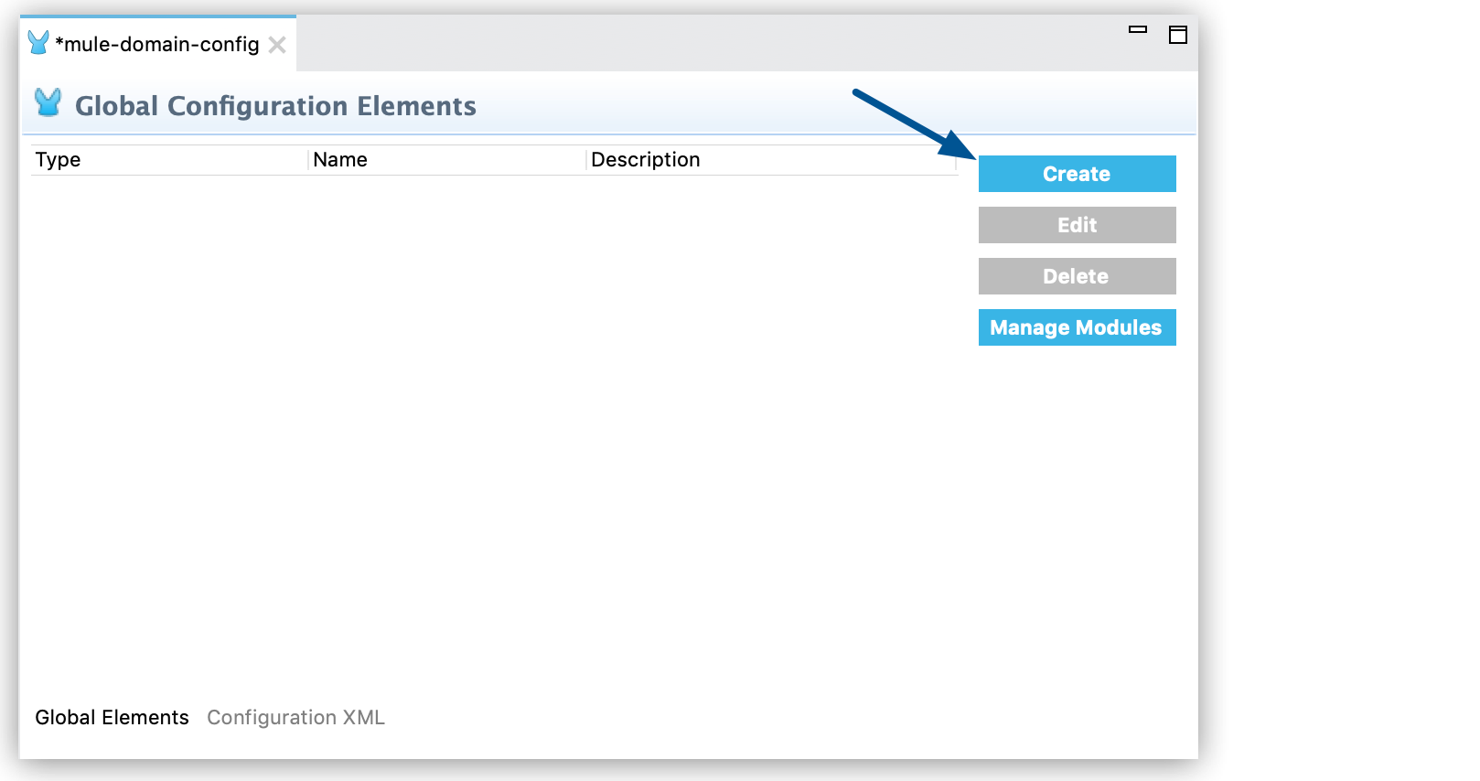 Mule ドメインのグローバル設定要素を作成および管理するインターフェース