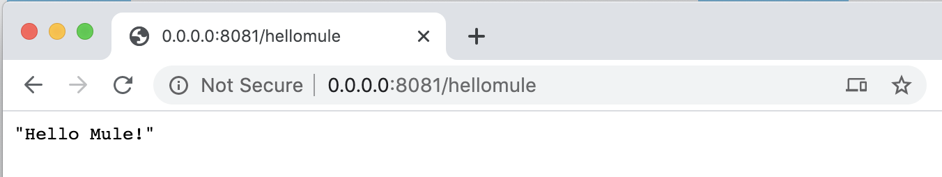ローカルサーバーからの応答「Hello Mule!」が表示されている Web ブラウザー