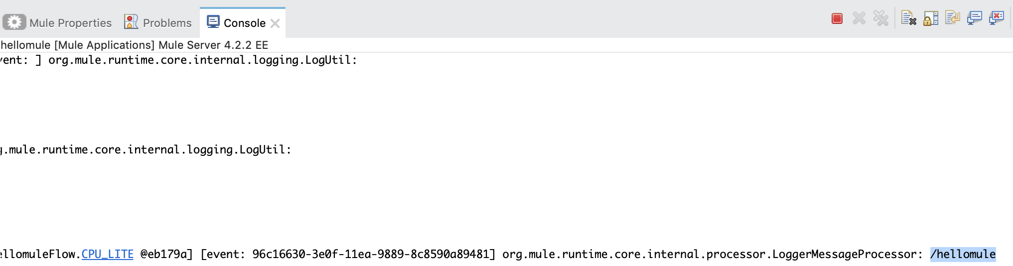 「Hello Mule」という名前の Mule アプリケーションからのログが表示されているコンソール出力
