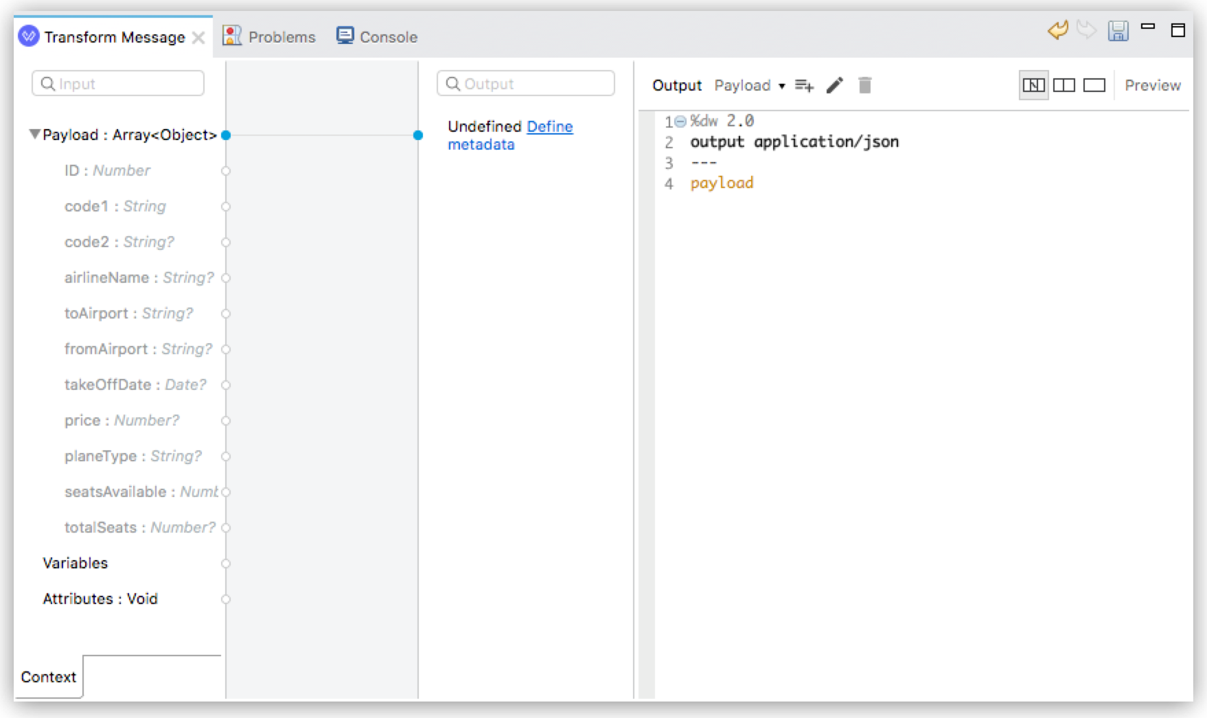 JSON 出力構造を定義する項目が表示されている DataWeave 変換インターフェース