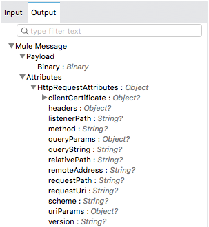 属性とペイロードの型が表示されている Mule メッセージ