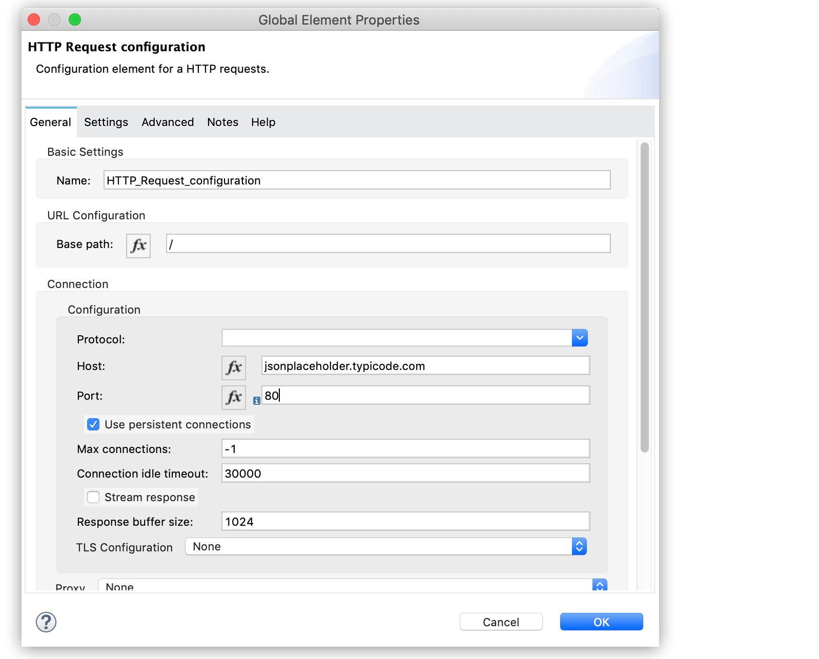 [Host (ホスト)] と [Port (ポート)] を含む [HTTP Request configuration (HTTP 要求設定)]