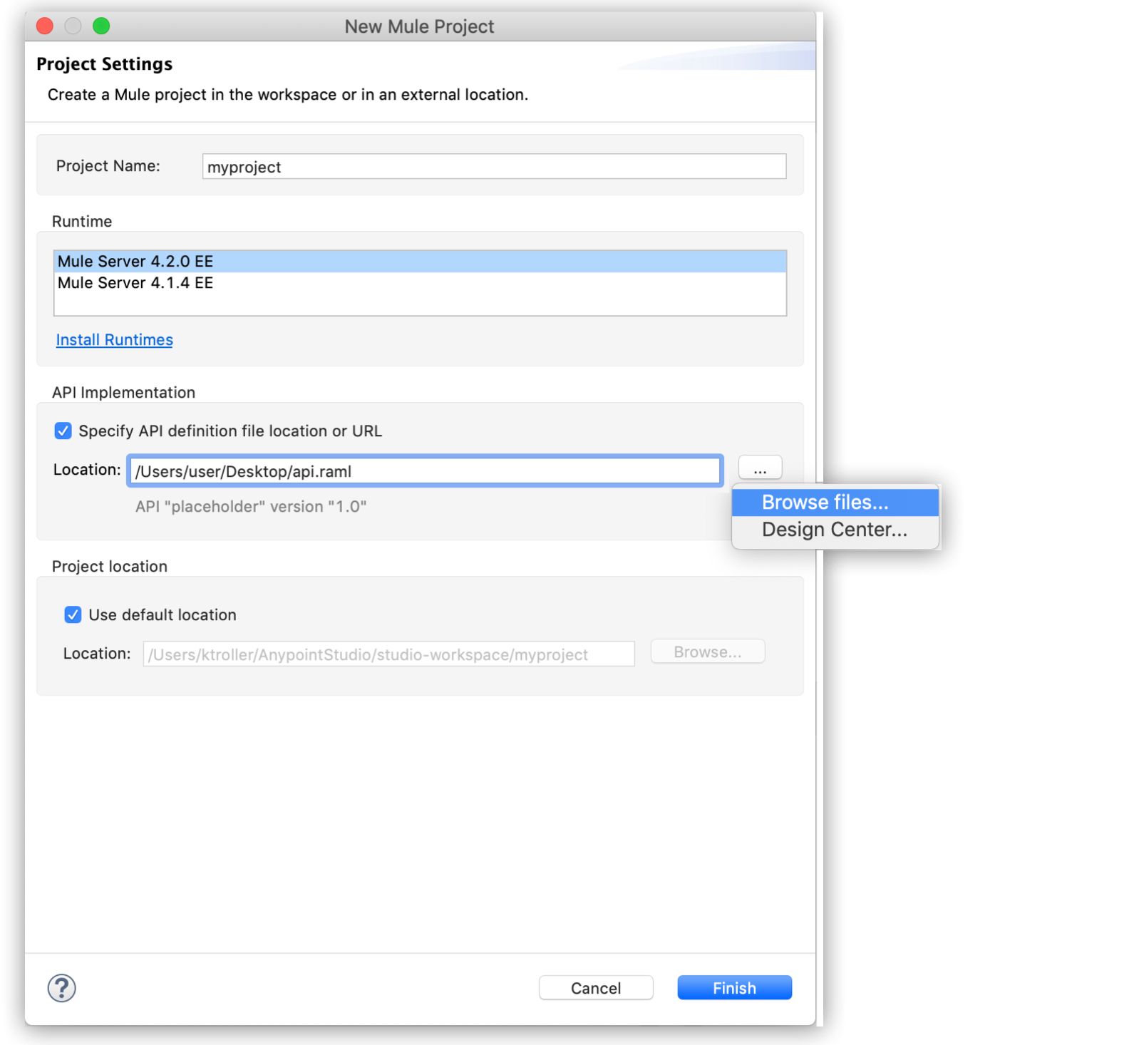 API 仕様が選択された新しい Mule プロジェクト