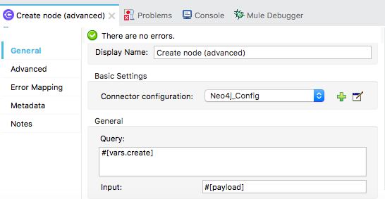 Create node のプロパティ設定ウィンドウ