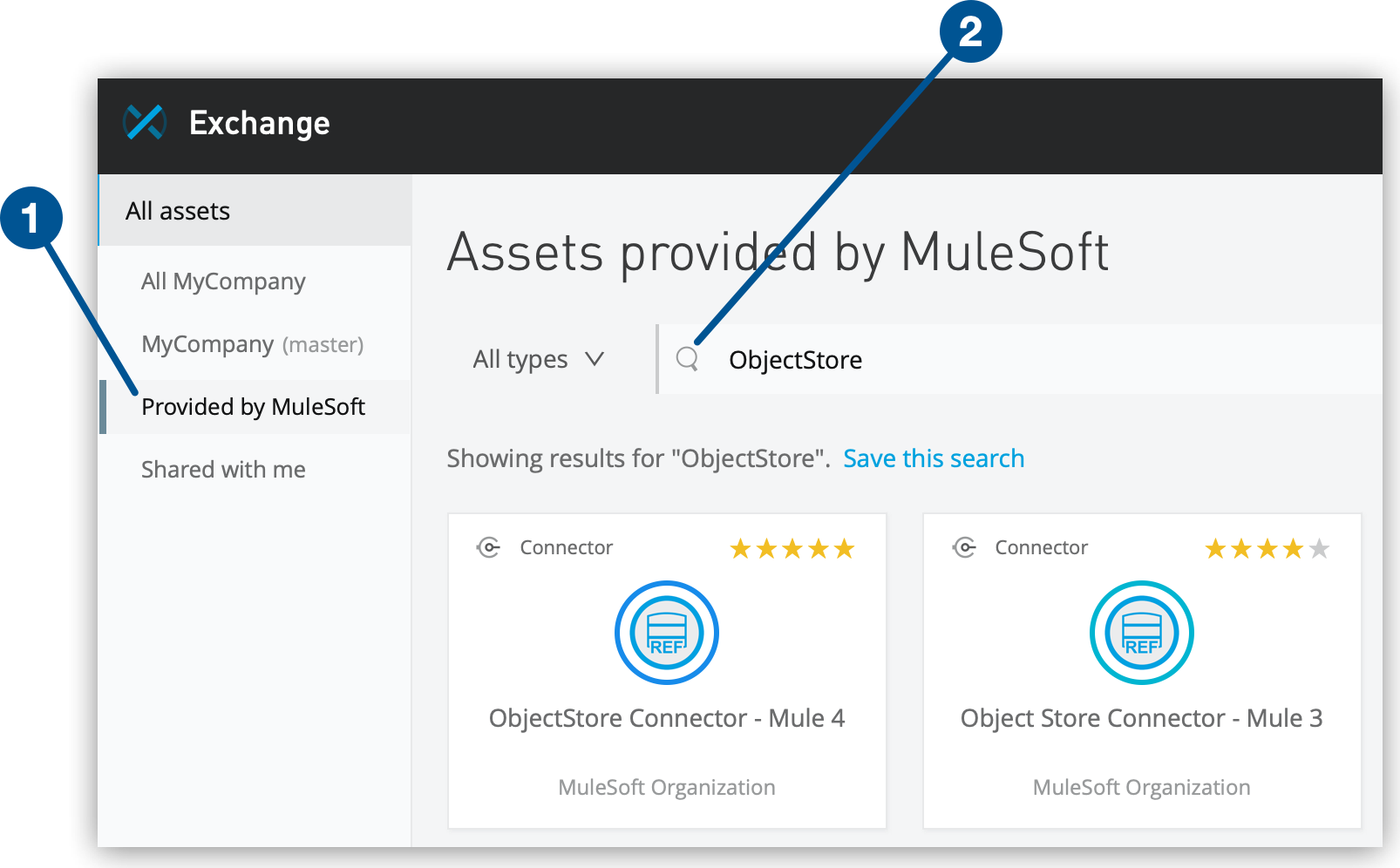 Exchange の [Provided by MuleSoft (MuleSoft による提供)] オプションと検索項目