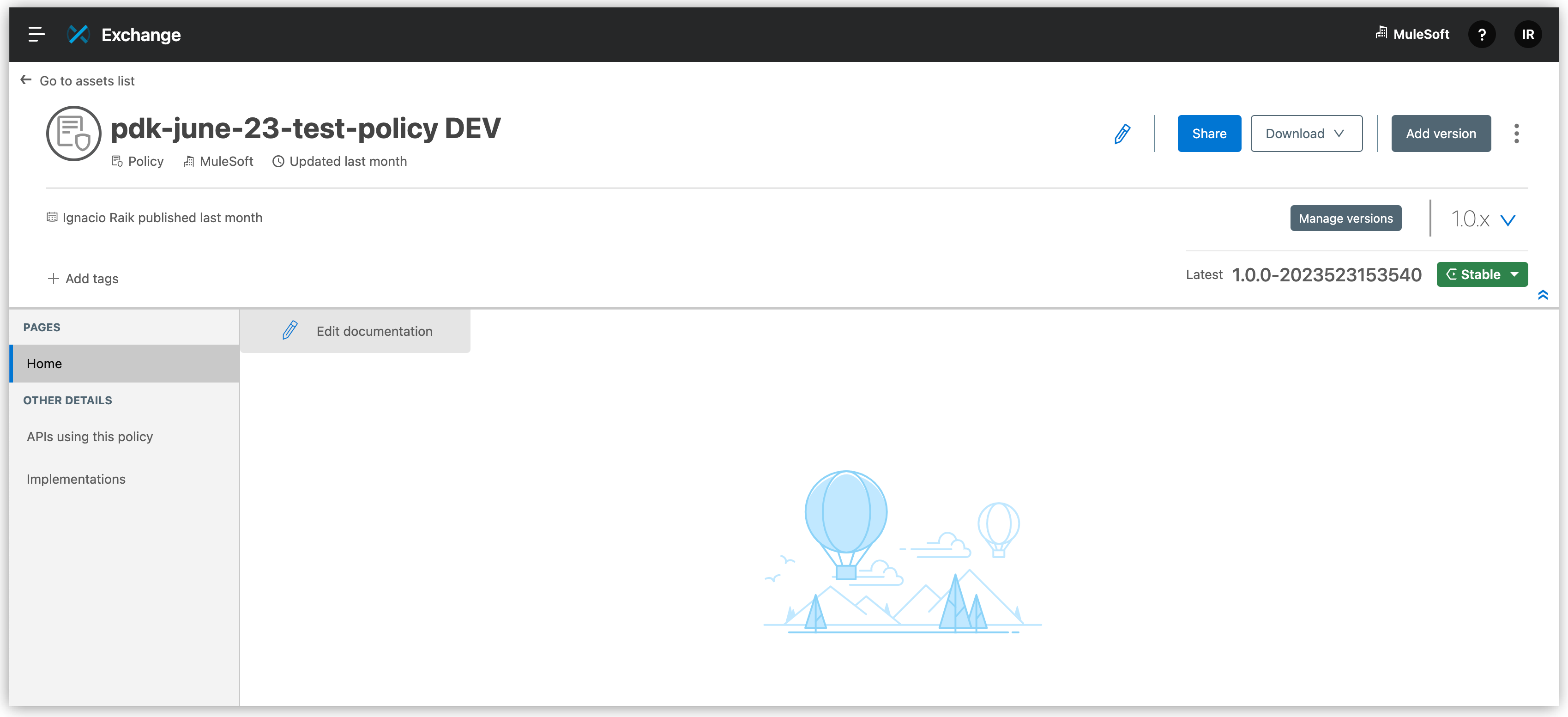 DEV という表示ラベルが付いて Exchange に表示されたポリシー。