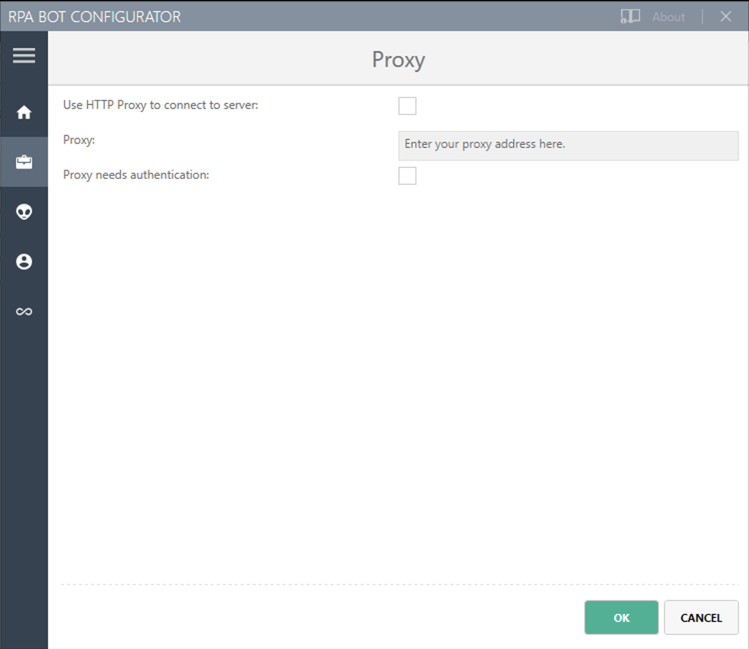 「Proxy (プロキシ)」 設定パネルが表示されている RPA Bot コンフィグレーターアプリケーション