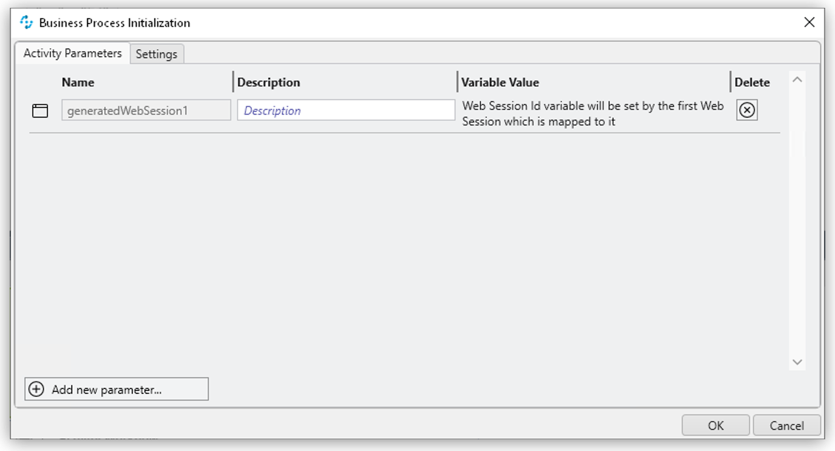 「Business Process Initialization (ビジネスプロセス初期化)」 ウィンドウ