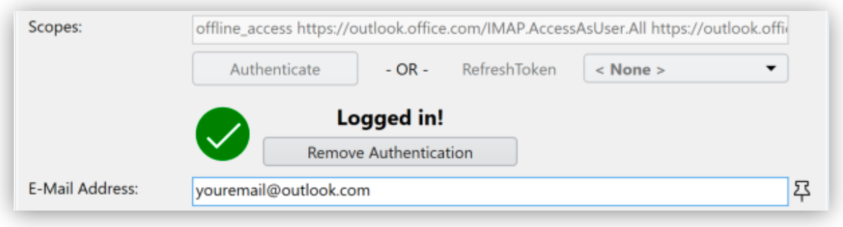 認証設定ウィンドウの 「Logged in (ログイン済み)」 確認メッセージ