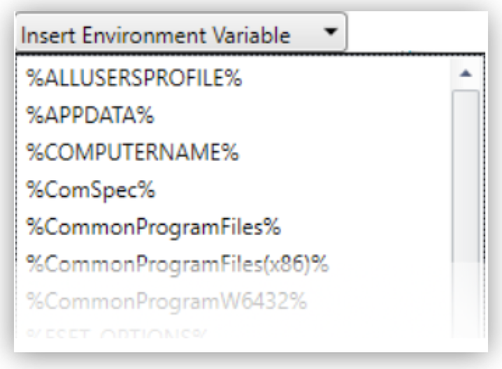 「Insert Environment Variable (環境変数を挿入)」 ドロップダウンメニュー