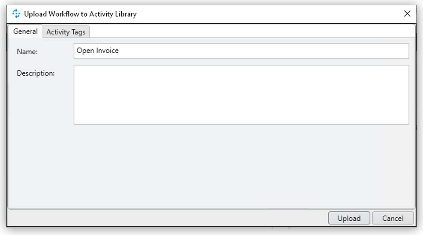 「Upload Workflow to Activity Library (アクティビティライブラリにワークフローをアップロード)」 ウィンドウ