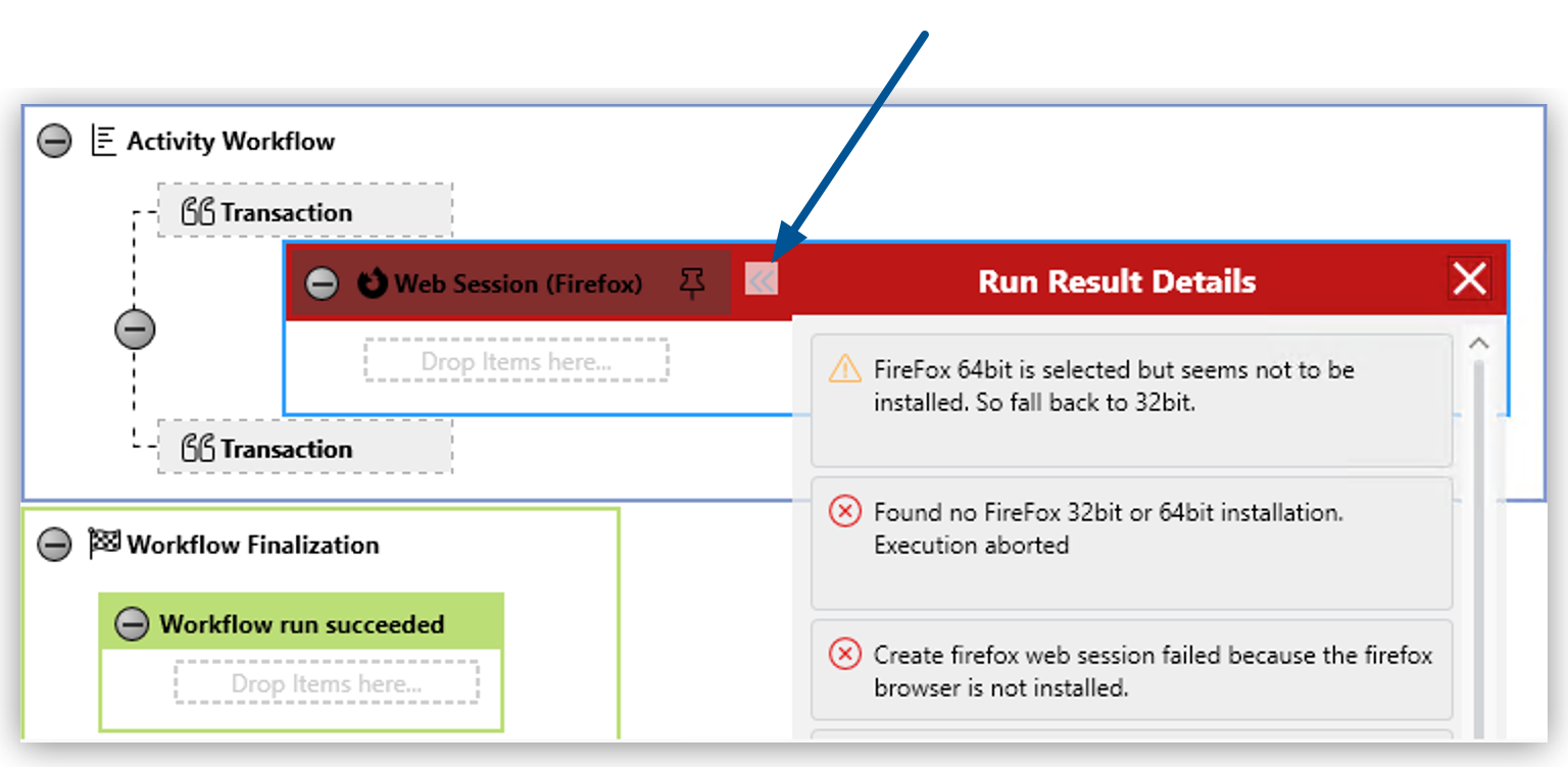 失敗したワークフロー要素の追加の詳細が表示されている 「Activity Workflow (アクティビティワークフロー)」 ウィンドウ