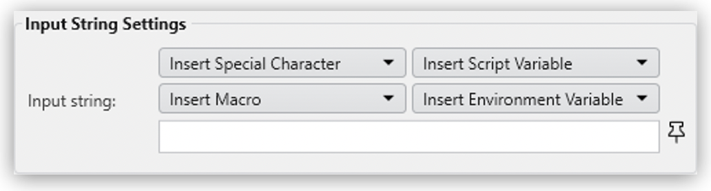 さまざまなテキストモジュールドロップダウンメニューが表示されている Enter String アクションステップウィザード