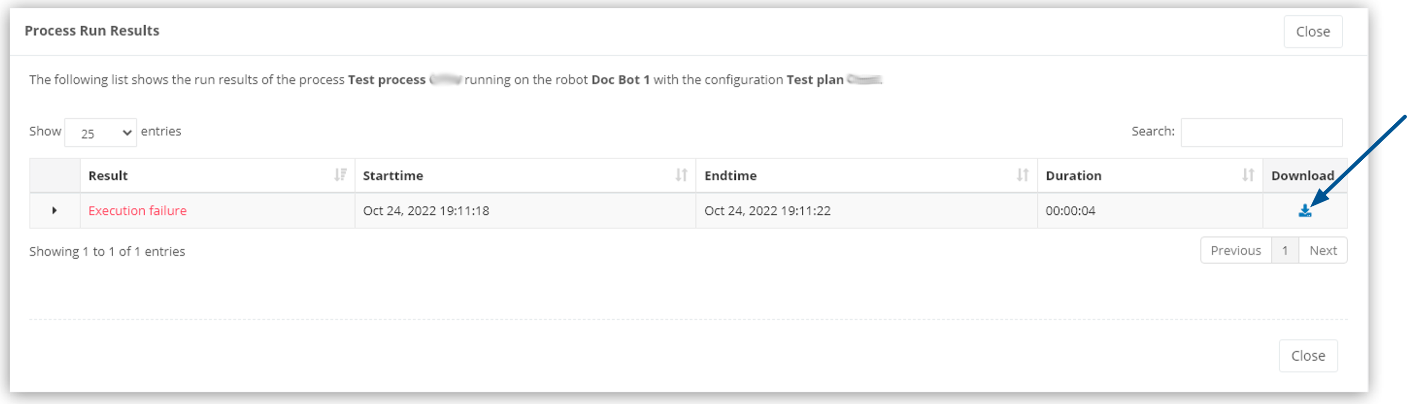 「プロセス実行結果」 ウィンドウと 「Download Analysis Package (分析パッケージをダウンロード)」 ボタン