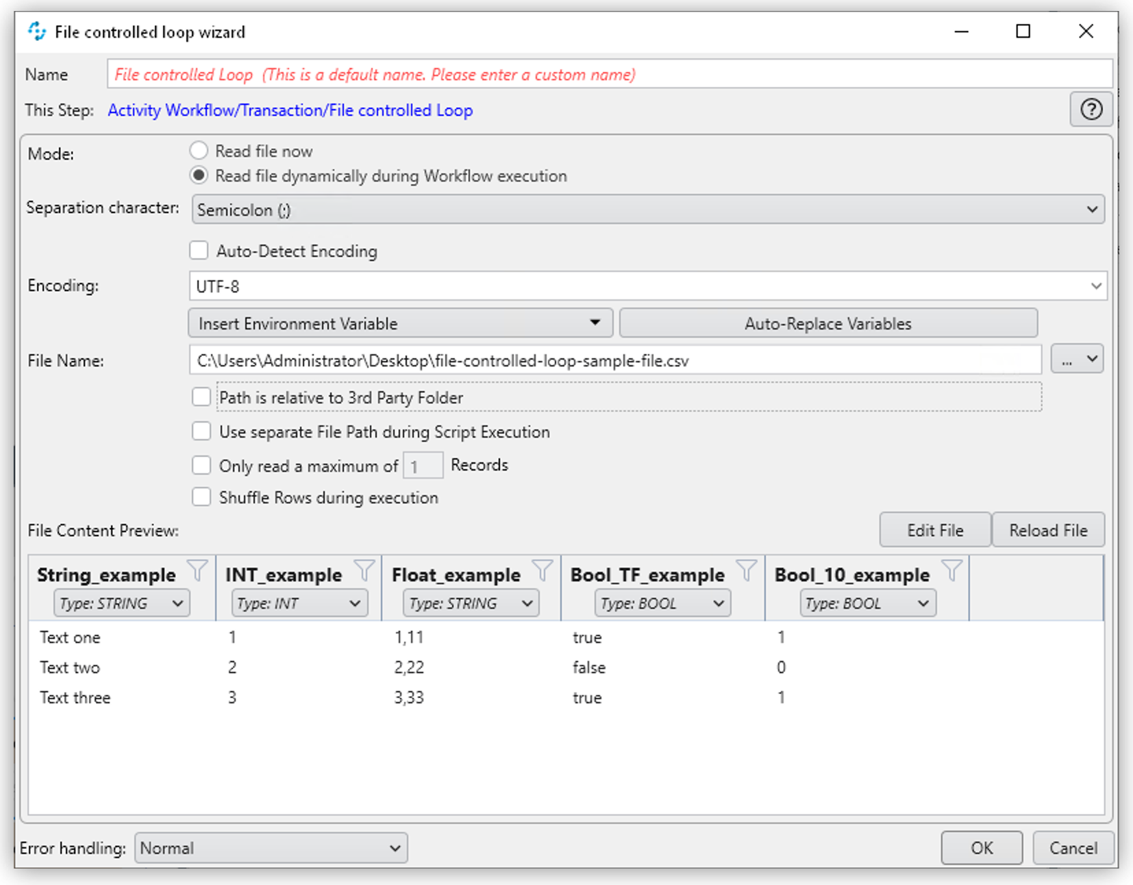 「Read file dynamically during Workflow execution (ワークフロー実行中にファイルを動的に読み込む)」 が選択され、ファイルプレビューが表示されている File Controlled Loop ウィザード