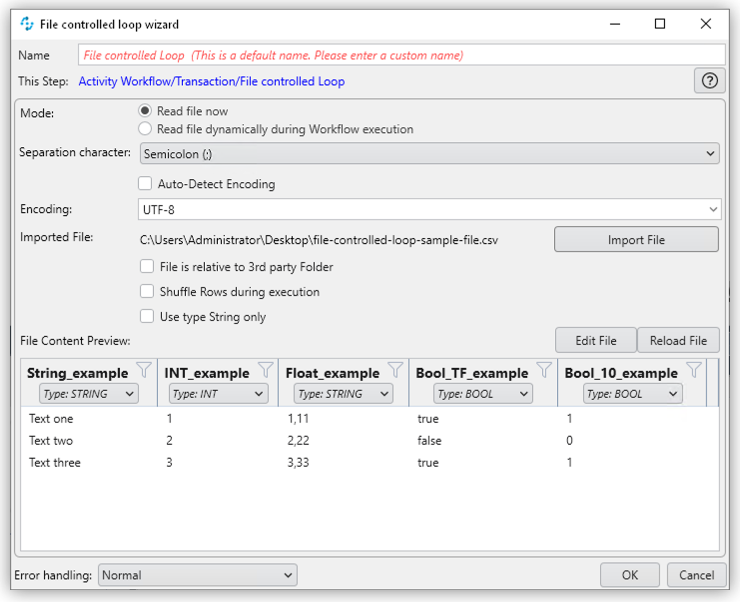 「Read file now (今すぐファイルを読み込む)」 が選択され、ファイルプレビューが表示されている File Controlled Loop ウィザード