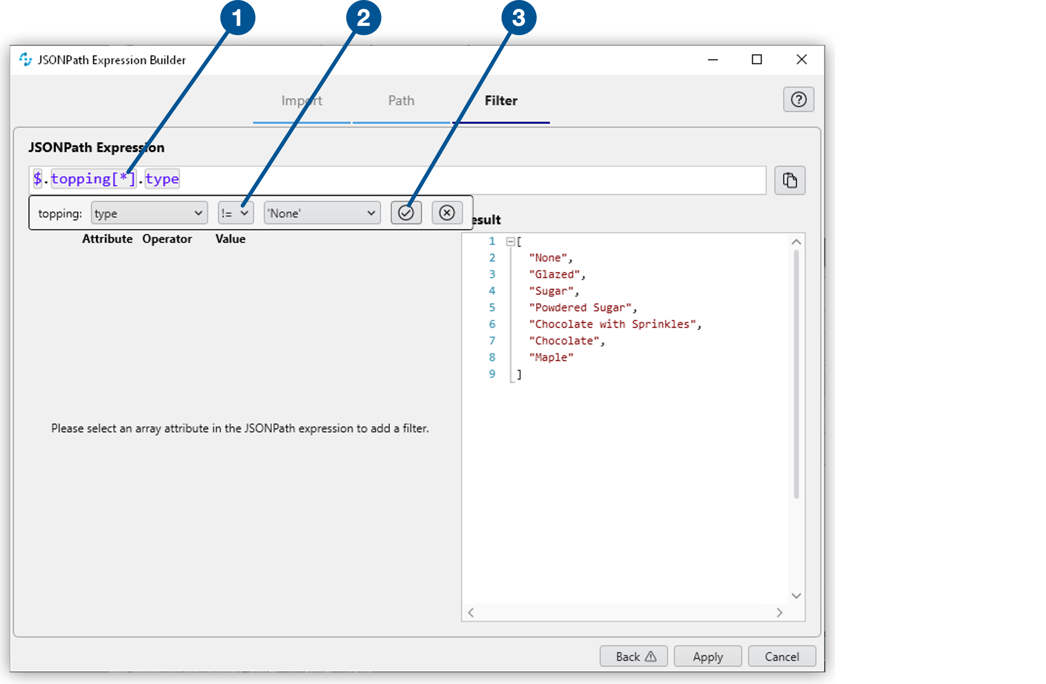 JSONPath 式ビルダーツールの検索条件画面