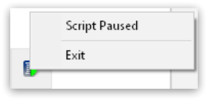 「Script Paused (スクリプト一時停止済み)」 および 「Exit (終了)」 オプションが表示されている 「Test script (スクリプトをテスト)」 トレイアイコン