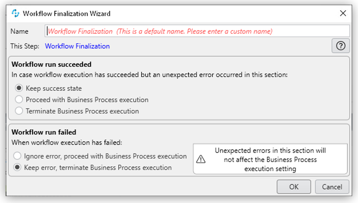 「Workflow Finalization Wizard (ワークフロー最終処理ウィザード)」 ウィンドウ