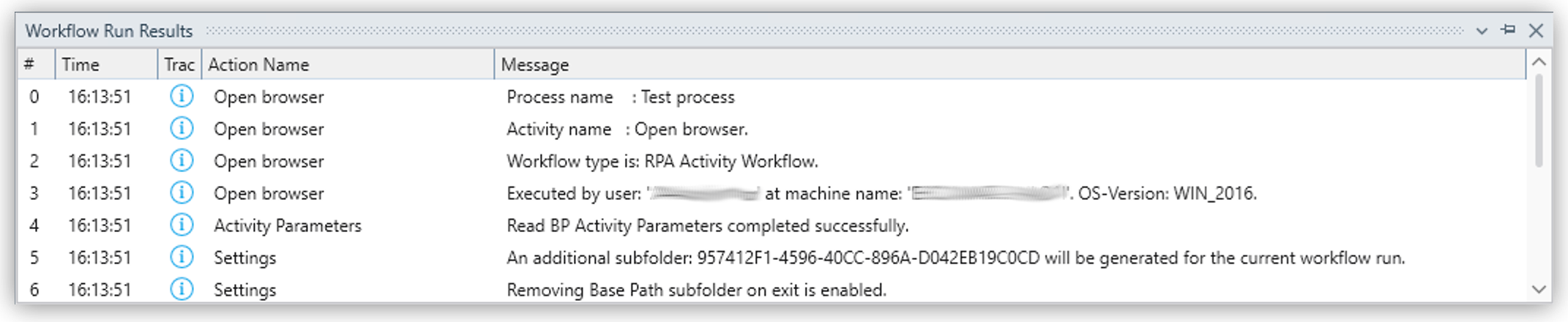 「Workflow Run Results (ワークフロー実行結果)」 ウィンドウ