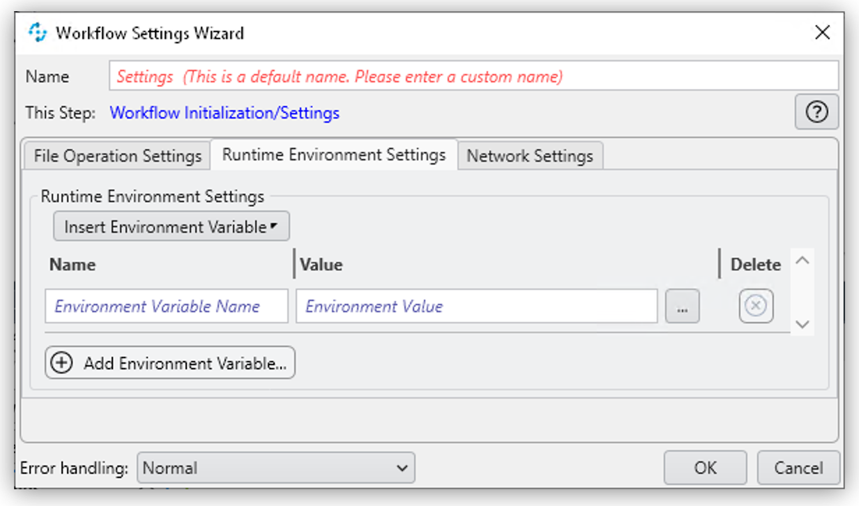 「Runtime Environment Settings (ランタイム環境設定)」 タブが表示されているワークフロー設定ウィザード