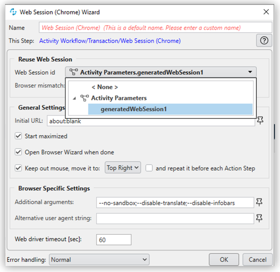 「generatedWebSession1」 パラメーターが選択されていることを示す Web セッションウィザード