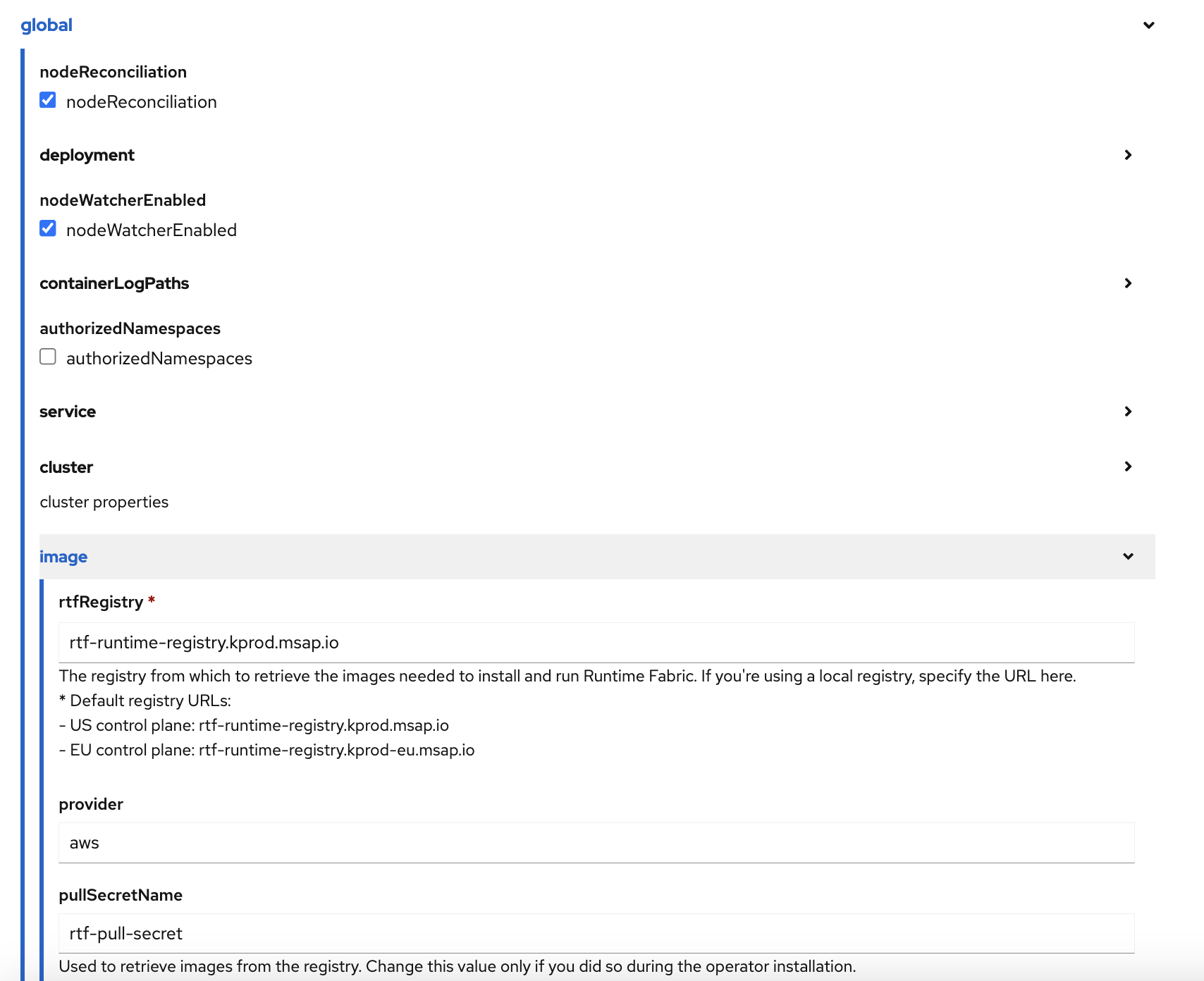rtfRegistry の値を追加する OpenShift フォームビュー