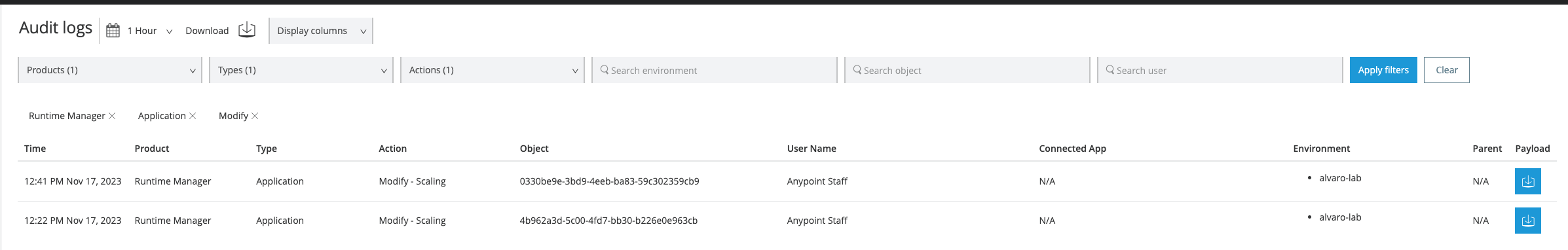 監査ログとスケーリング状況が表示されている Runtime Manager UI