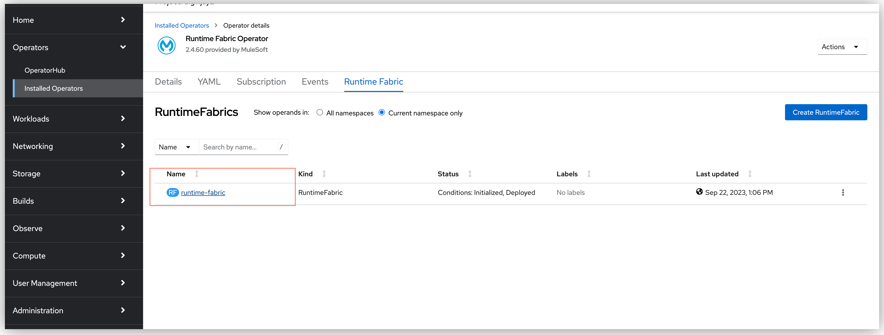 runtime-fabric インスタンスが選択されている Runtime Fabric Operator