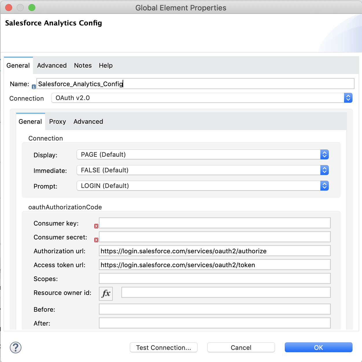 認証を設定するには、*[Connection (接続)]* 項目で `[OAuth 2.0]` を選択し、*[General (一般)]* タブの項目に入力します。