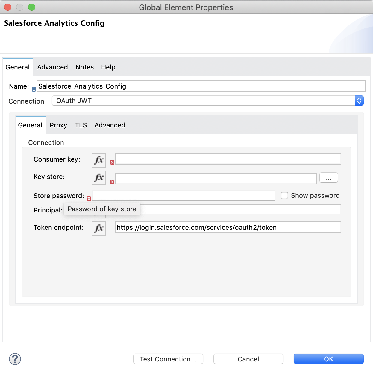 認証を設定するには、*[Connection (接続)]* 項目で `[OAuth 2.0 JWT]` を選択し、*[General (一般)]* タブの項目に入力します。