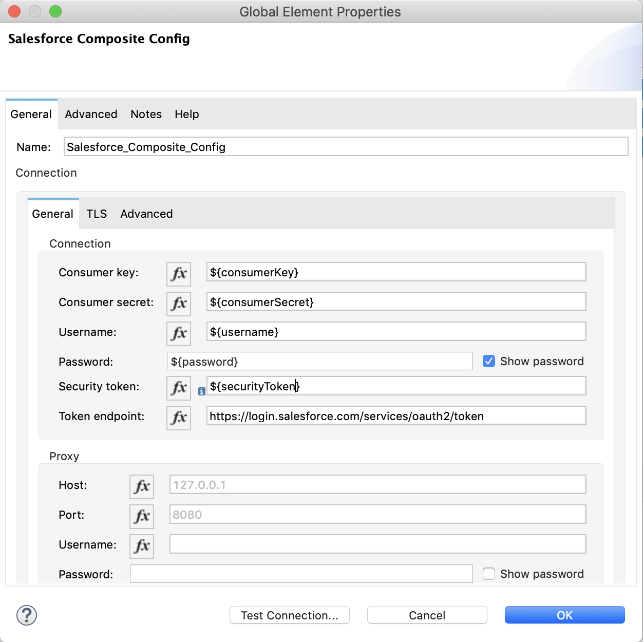 Salesforce Composite Connector のグローバル要素の設定