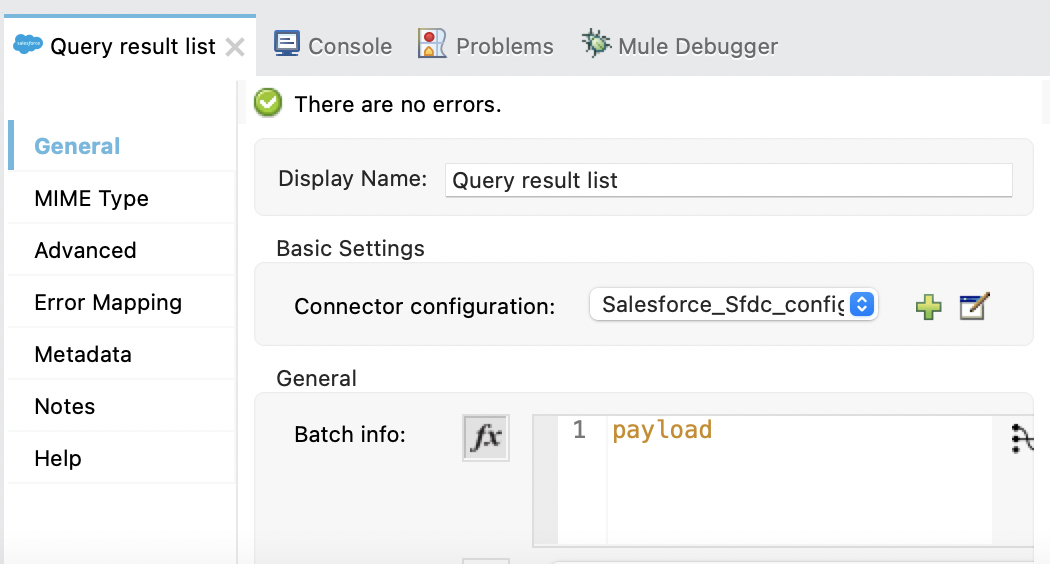 Query result list プロパティウィンドウ設定