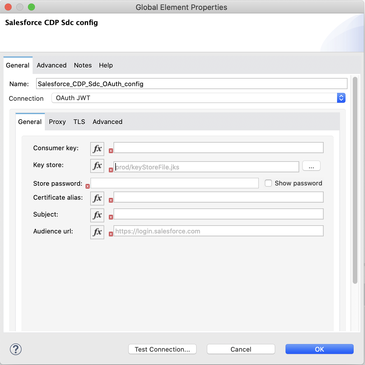 「Connection (接続)」 項目では 「OAuth JWT」 が選択され、「General (一般)」 タブでは認証項目が入力されています。