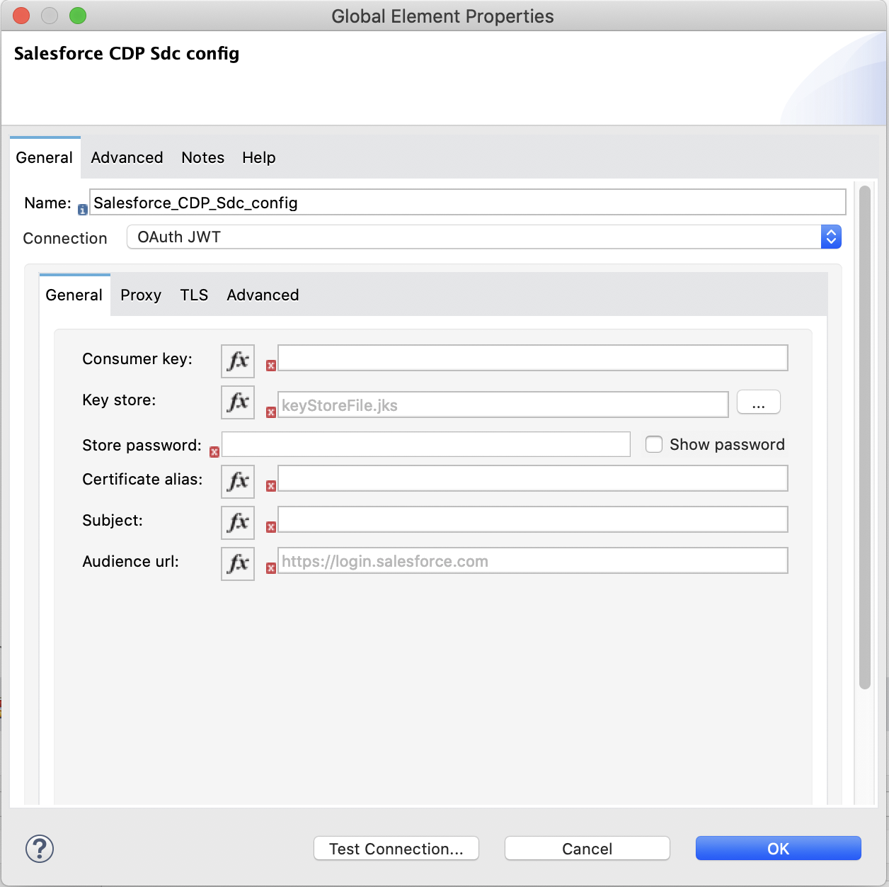 「Connection (接続)」 項目では 「OAuth JWT」 が選択され、「General (一般)」 タブでは認証項目が入力されています。