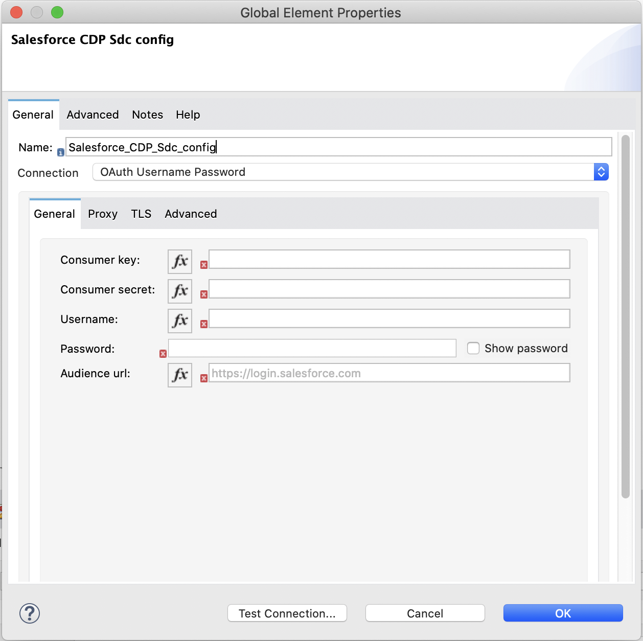 「Connection (接続)」 項目では 「OAuth Username Password (OAuth ユーザー名/パスワード)」 が選択され、「General (一般)」 タブでは認証項目が入力されています。