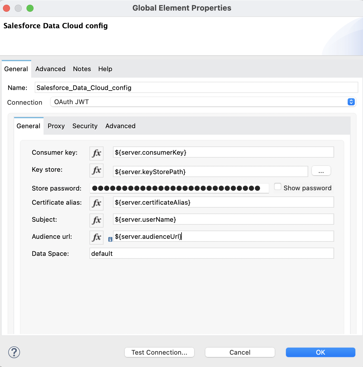 [Connection (接続)] 項目で [OAuth JWT] が選択され、[General (一般)] タブで認証項目が入力されている