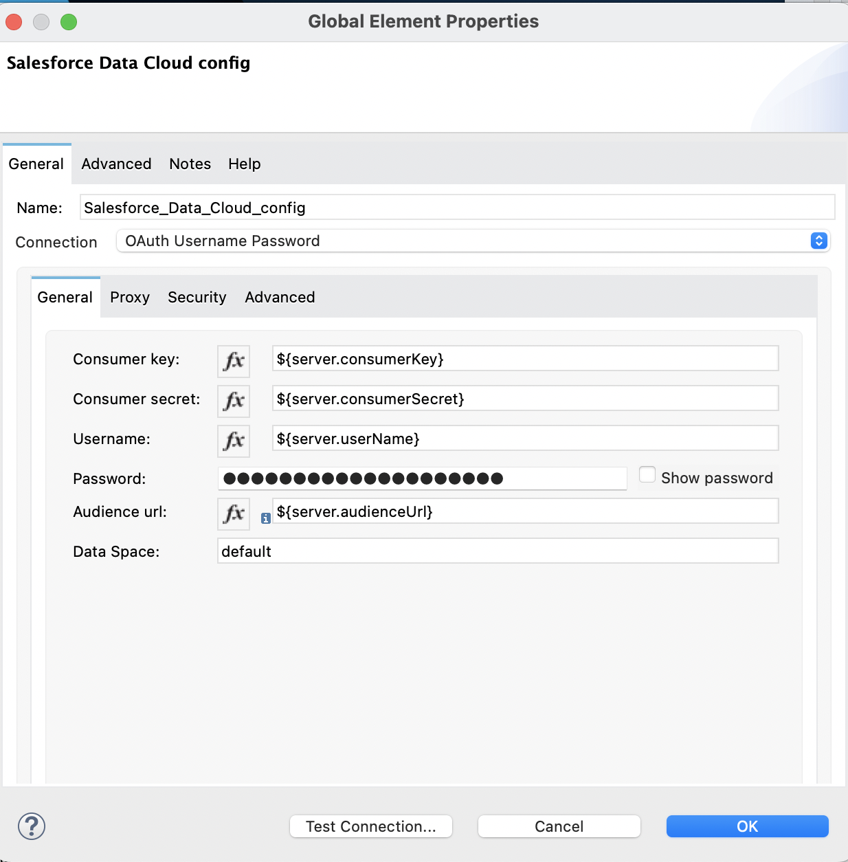 [Connection (接続)] 項目で [OAuth Username Password (OAuth ユーザー名/パスワード)] が選択され、[General (一般)] タブで認証項目が入力されている