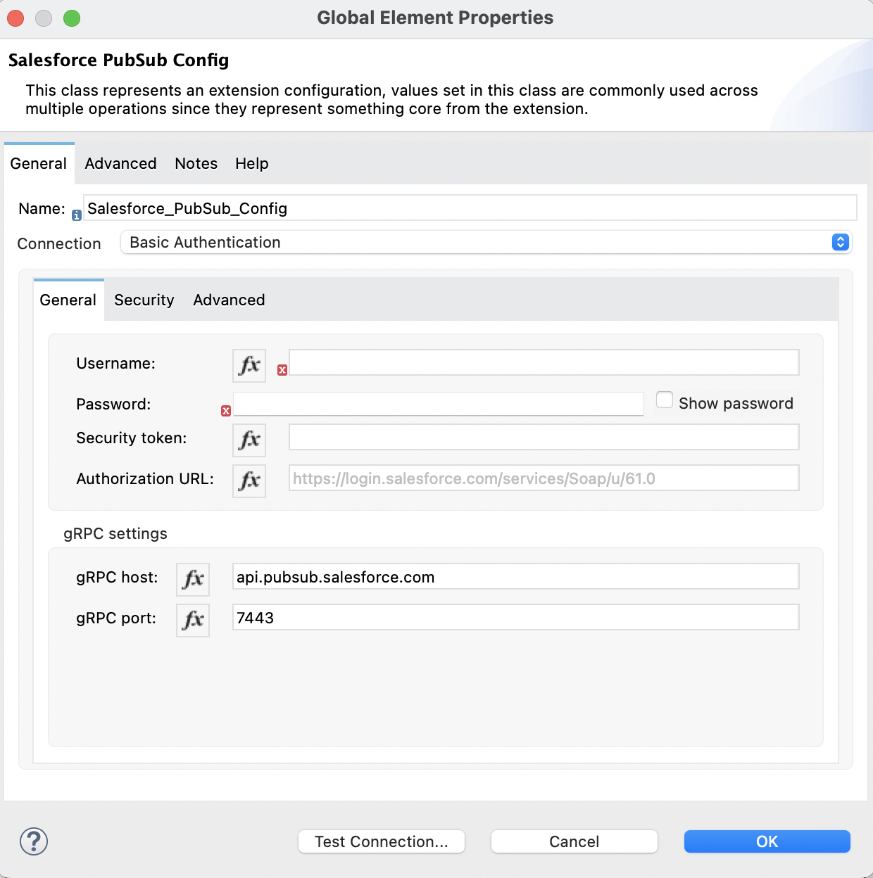 [Connection (接続)] セクションでは [Basic Authentication (基本認証)] が選択され、[General (一般)] タブでは認証項目が入力されている
